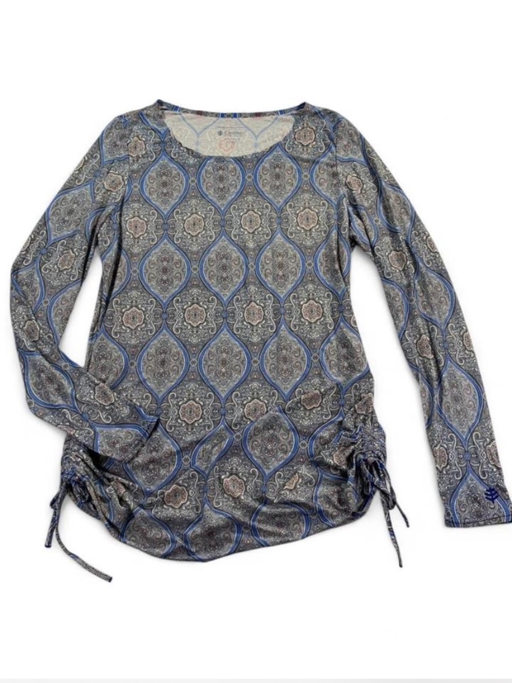 Coolibar Blue Medallion w Light Pink Long Sleeve Ruched Side Rashgaurd Top Sz L